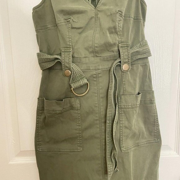 Maeve Anthropologie Sz 0 Army Green Belted Utility Denim Shift Dress - Picture 2 of 7